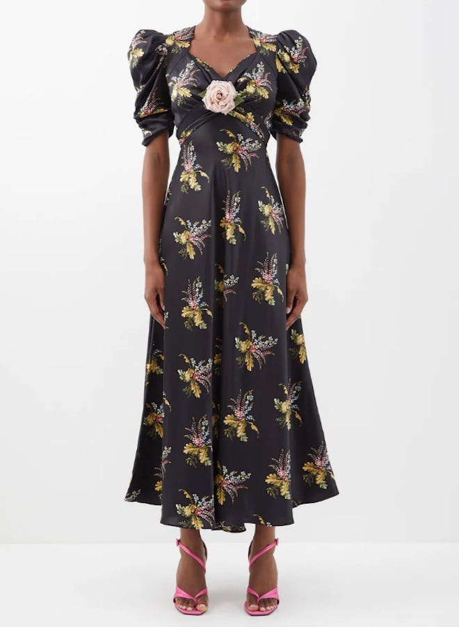 Rodarte Flower-Brooch Puff-Sleeve Silk Maxi Dress