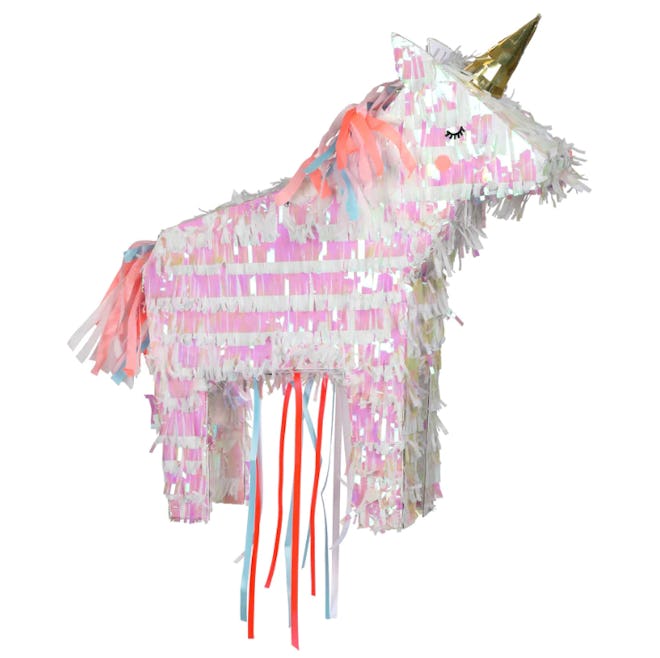 An iridescent Unicorn Party Piñata, for those in need of unicorn birthday party ideas.