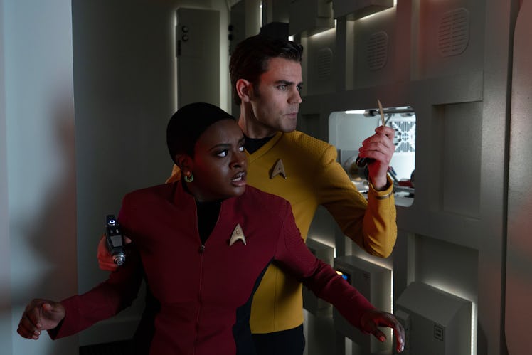 Paul Wesley as James T. Kirk and Celia Rose Gooding as Uhura in 'Star Trek: Strange New Worlds.'