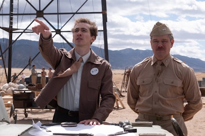 Dylan Arnold as Frank Oppenheimer with Matt Damon as Lieutenant General Leslie Richard Groves.