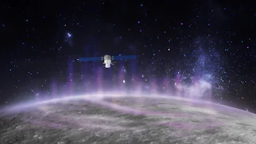 Illustration of a rocky gray planet with eerie purple light shining from its surface, with space in ...