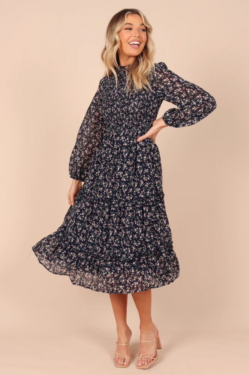 Edwina Shirred Frill Long Sleeve Midi Dress