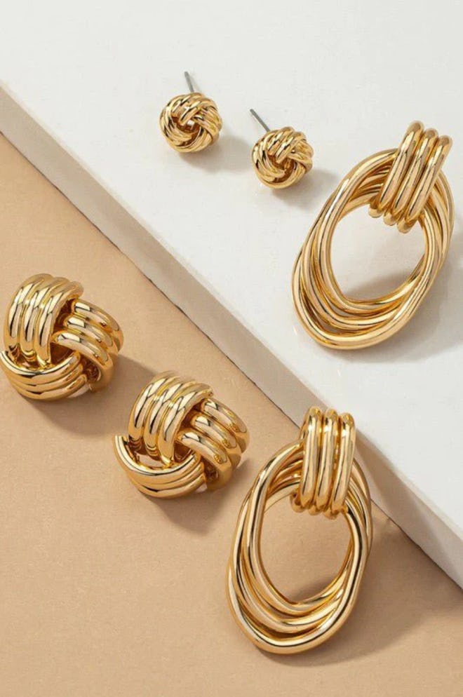 Metal Knot Hoop Earrings (3 Pairs)