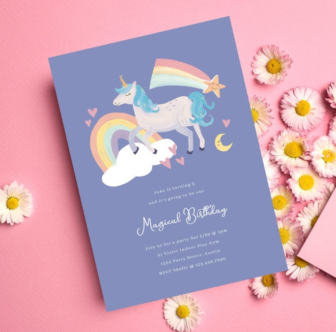 Unicorn birthday party invitation with unicorn and rainbows