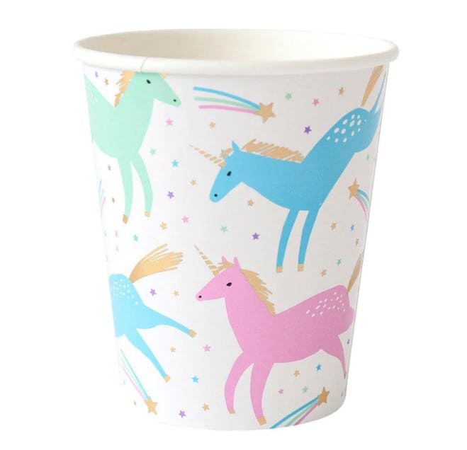Unicorn birthday party cups with pastel unicorns all over