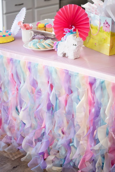 A unicorn table skirt, an eye-catching unicorn birthday party decoration