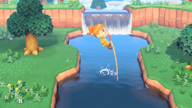 Villager crossing a river in Animal Crossing: New Horizons