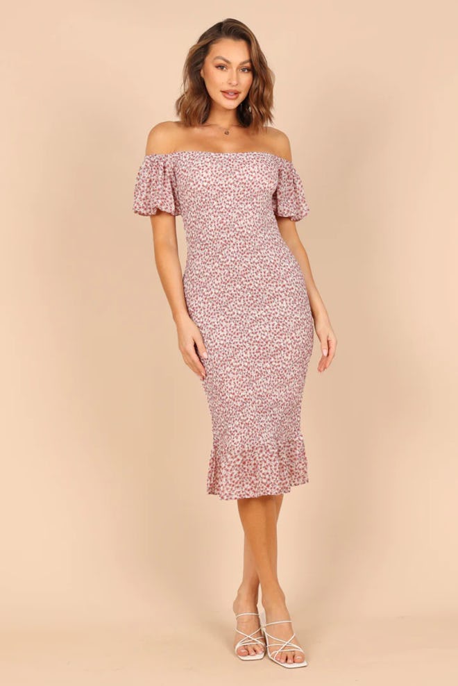 Claire Shirred Bodycon Off Shoulder Midi Dress