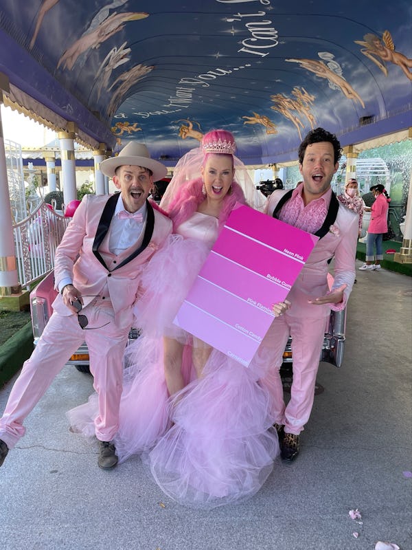 Kitten Kay Sera at her all-pink wedding, featuring bridesmen in pink suits, a pink gown, and a pink ...