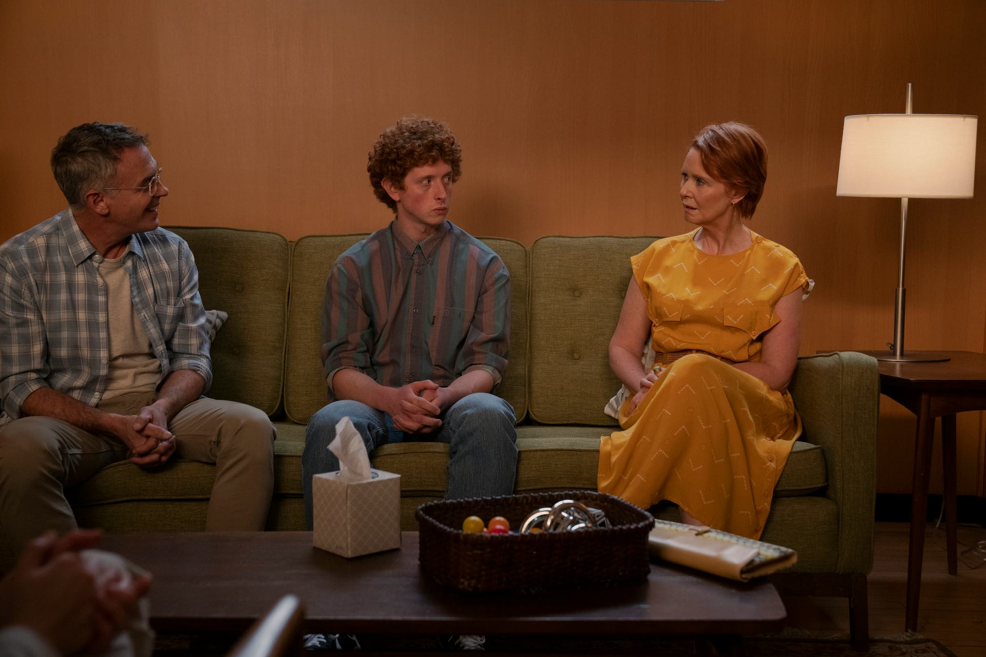 David Eigenberg, Niall Cunningham, and Cynthia Nixon in &lsquo;And Just Like That&rsquo; Season 2.
