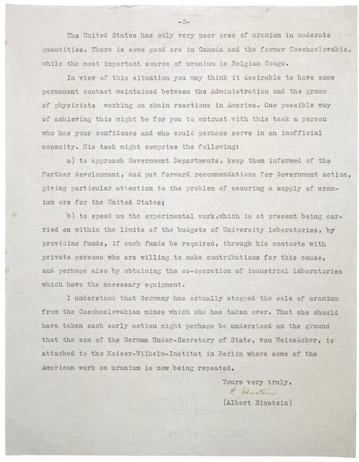 Einstein's scanned letter to FDR from 1939.