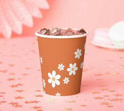 Retro Daisy Groovy Burnt Orange Paper Cups, the perfect addition to 70s birthday party decorations