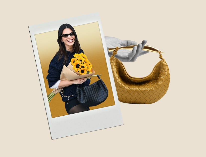 Kendall Jenner rocks the no-pants trend and carries a Bottega Veneta Sardine bag.