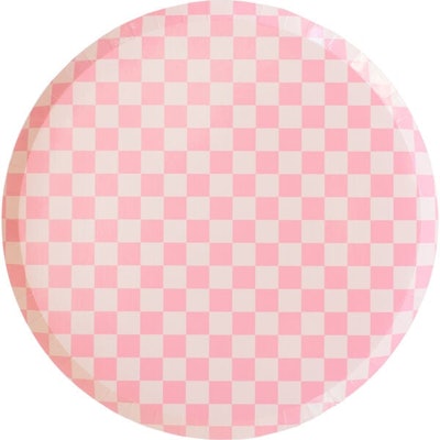 Pink checkered paper plates, the perfect addition to 70s birthday party decor