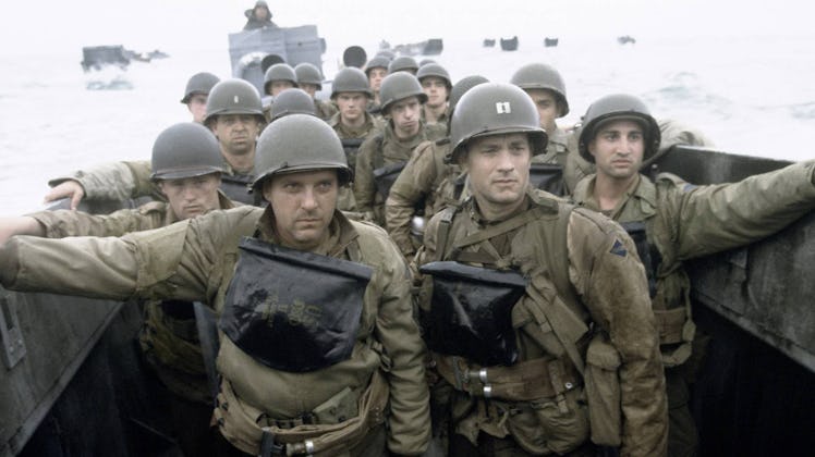 Tom Hanks and Tom Sizemore stand in front of a group of soldiers in 'Saving Private Ryan'