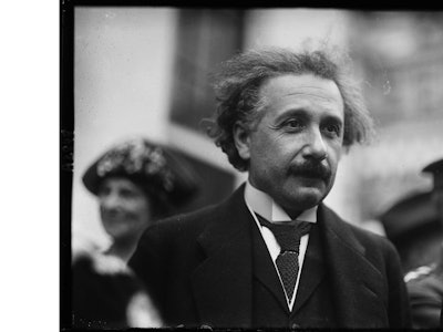 A black and white photo of Albert Einstein