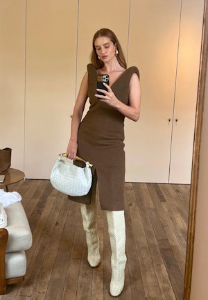 Rosie Huntington-Whiteley wears a brown dress and a Bottega Veneta Sardine bag. 