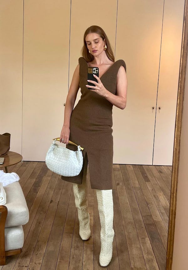 Rosie Huntington-Whiteley wears a brown dress and a Bottega Veneta Sardine bag.