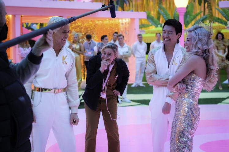 Ryan Gosling, Greta Gerwig, Simu Liu and Margot Robbie on the set of Barbie
