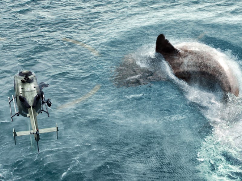 A helicopter flies over a megalodon in 'The Meg'