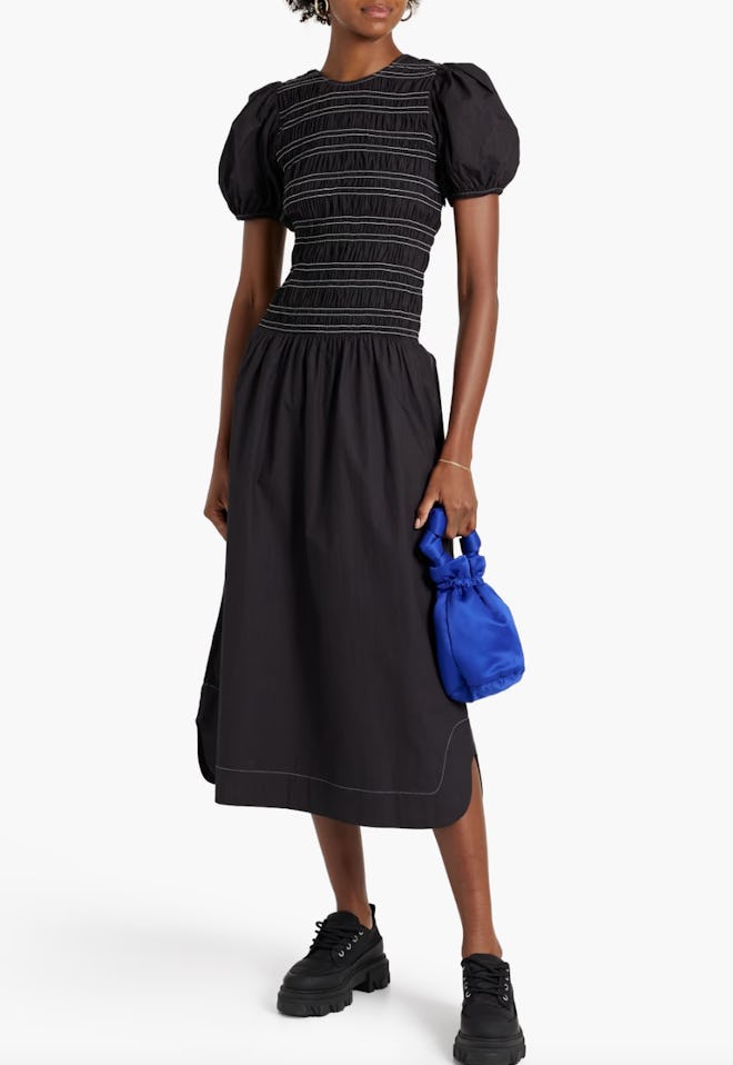 Ganni Shirred Cotton-Poplin Midi Dress
