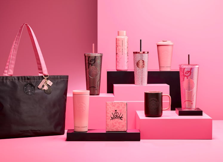 The BLACKPINK Starbucks collection include drinkware and accessories like a yoga mat and passport ho...