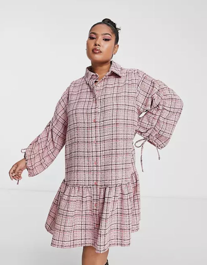 ASOS DESIGN Curve Boucle Mini Smock Shirt Dress With Pephem In Pink