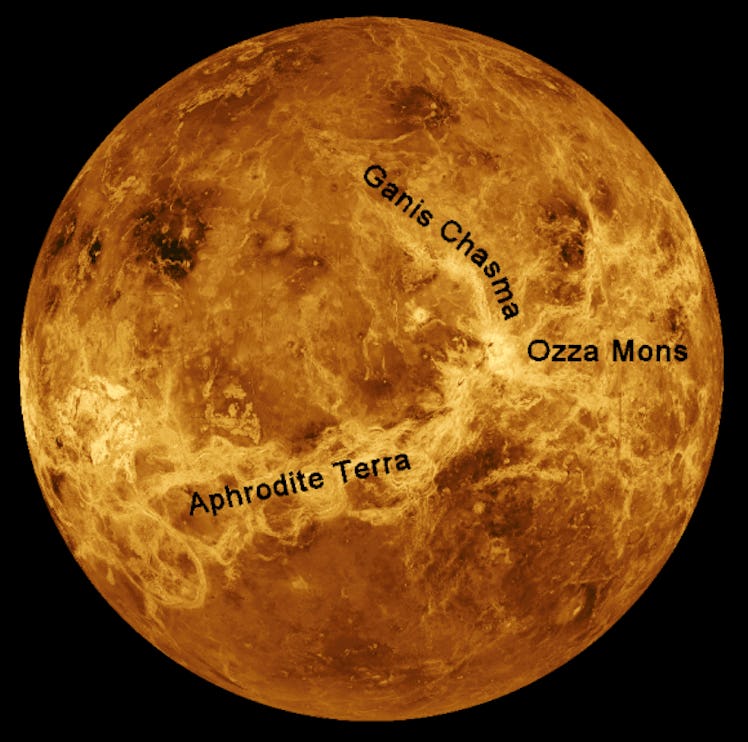 radar map of venus with callouts for specific channels