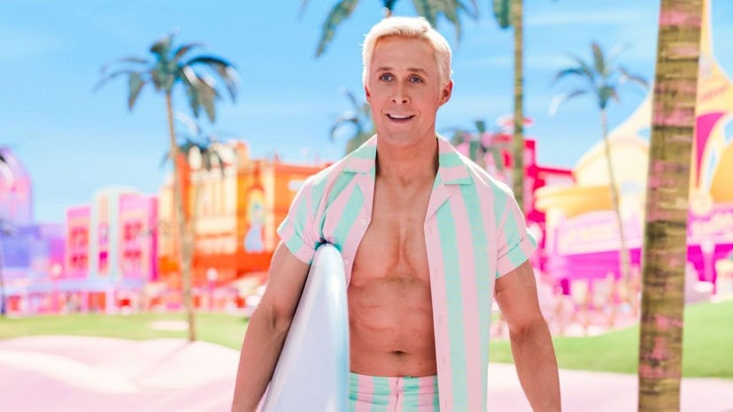 ryan gosling as ken in barbie movie wearing a striped shirt and surf board 