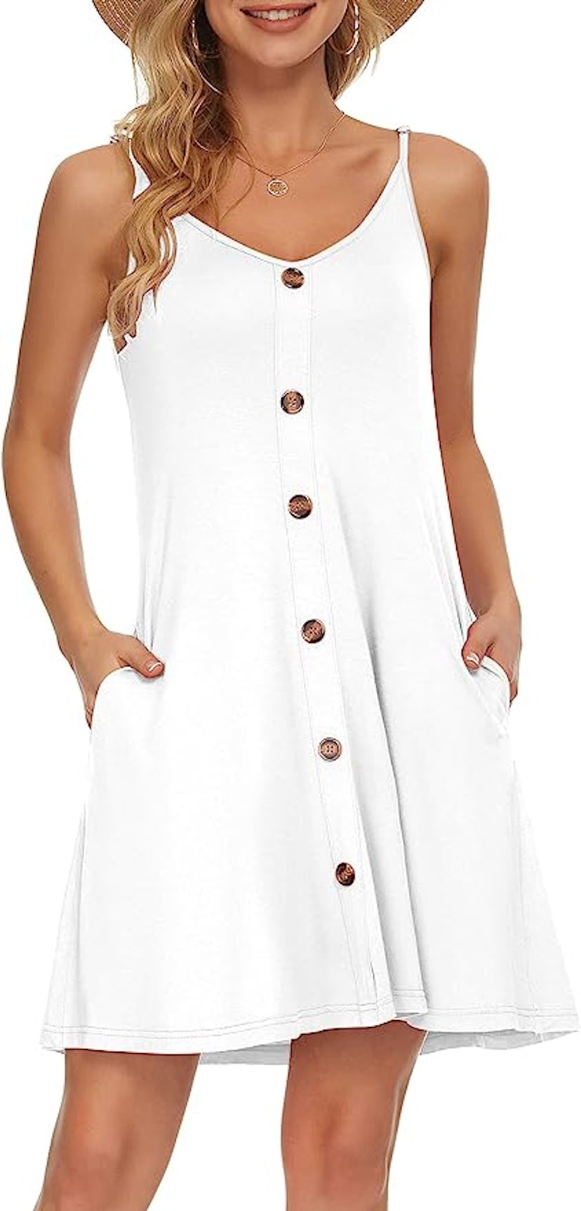 WNEEDU Button Down V Neck Dress