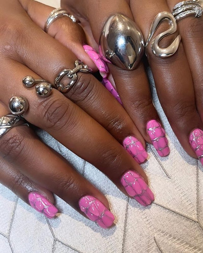 Lizzo hot pink crocodile nails
