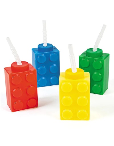 LEGO brick cups with straws, which would make cute lego birthday party favors