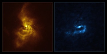 two photos of a star system, one in orange and brown on the left showing spiral arms of gas and dust...