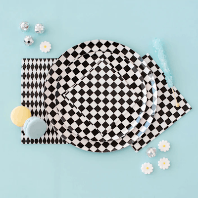 Checkered paper plates, a cute addition to warped tour birthday party decorations