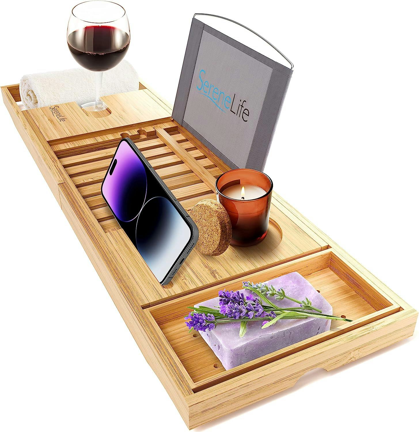 SereneLife Luxury Bamboo Bathtub Caddy Tray