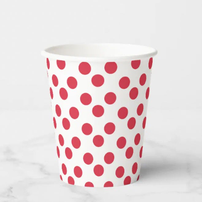 Simple Red and White Polka Dot Pattern Paper Cups, which would fit well in your target birthday part...