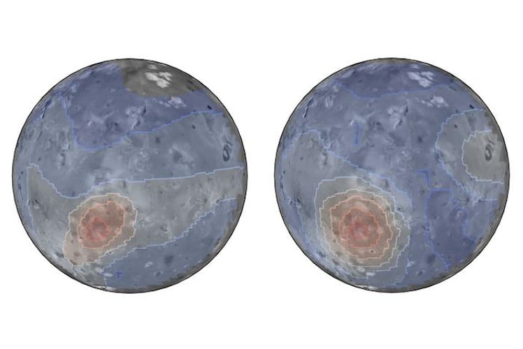 Two spheres, representing the Jupiter moon Io, have a similarly highlighted region in the south. The...