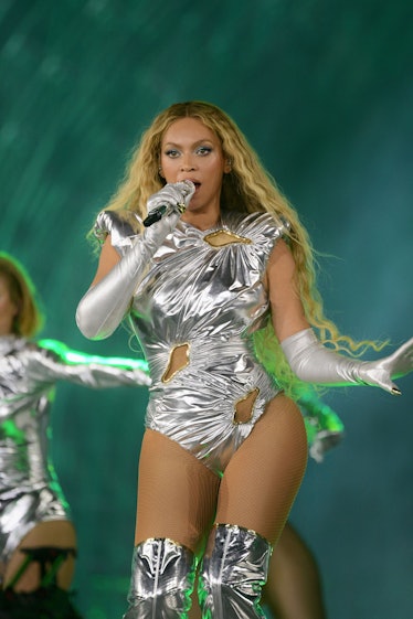 Beyoncé wears a custom Lanvin silver metallic jumpsuit during her "Renaissance" world tour.