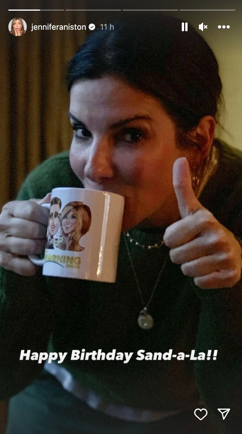 Jennifer Aniston wishes Sandra Bullock a happy birthday on Instagram.