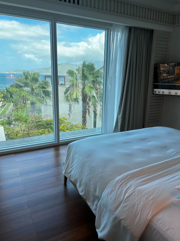 View of the bed in a room at the Park Hyatt St Kitts