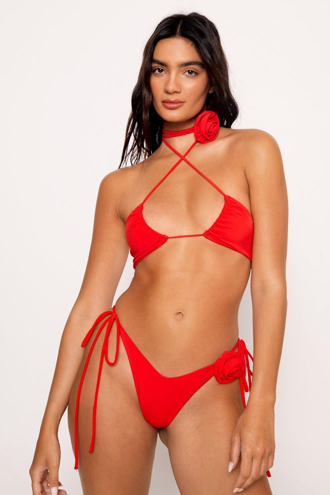 Corsage Strappy Halter Neck Tie Bikini Set
