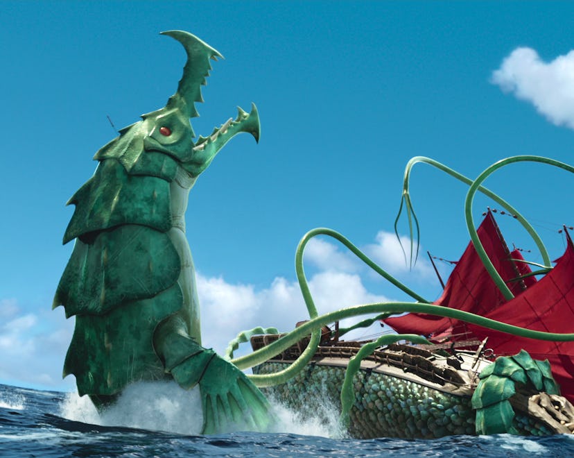 A sea monster tackles a ship.
