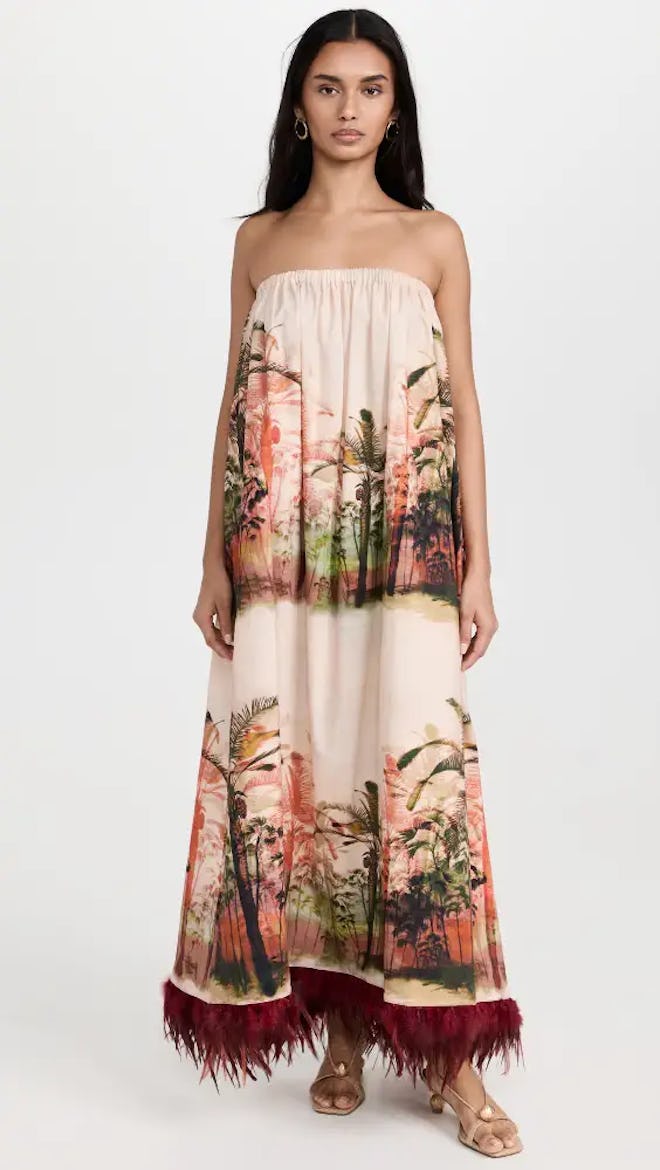 Dur Doux Sunset Palm Strapless Dress with Feather