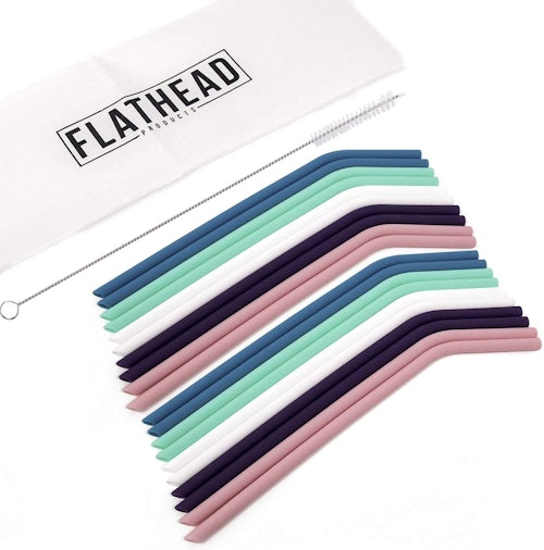 Flathead Reusable Silicone Drinking Straws + Cleaning Brush (20-Pack)