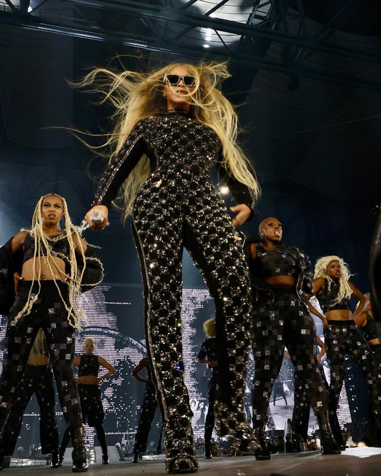 Beyoncé wears a custom Louis Vuitton bodysuit during her "Renaissance" world tour.