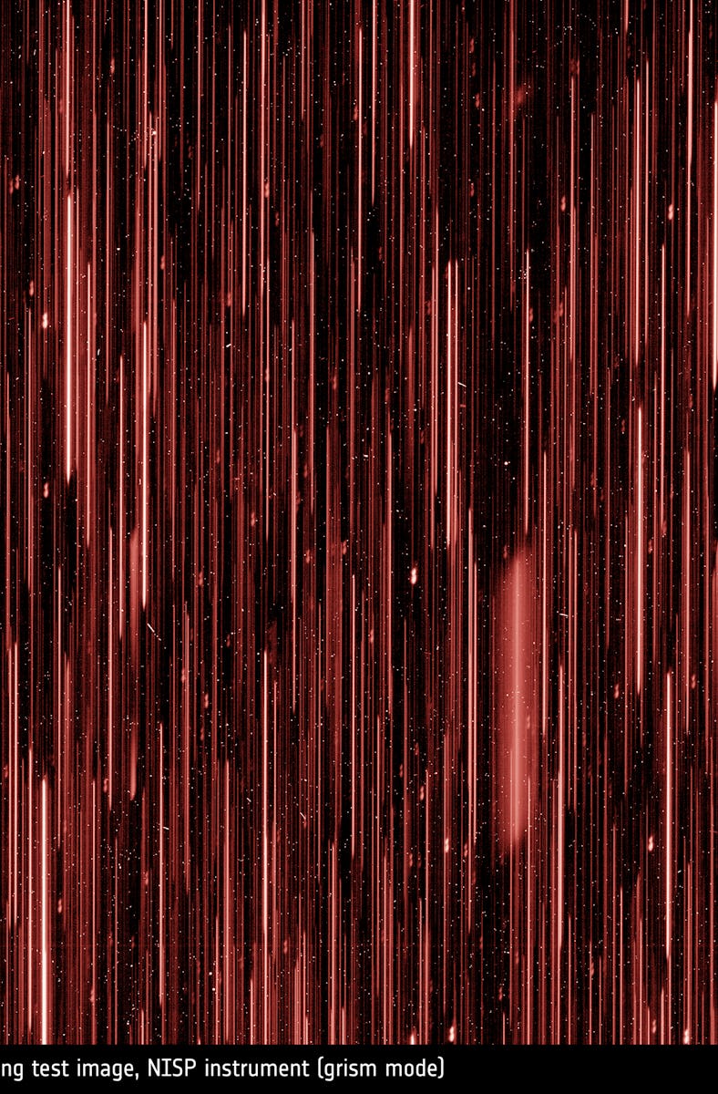 Early commissioning test image from the Euclid mission's NISP instrument, set to grism mode. Lines s...