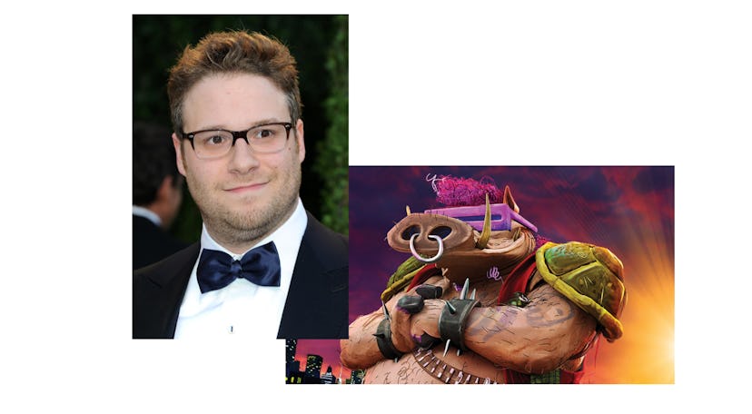 Seth Rogen and his character Bebop from "Mutant Mayhem"