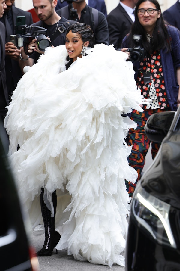 Cardi B's Balenciaga Couture Look Mixed Feathers and Sequins