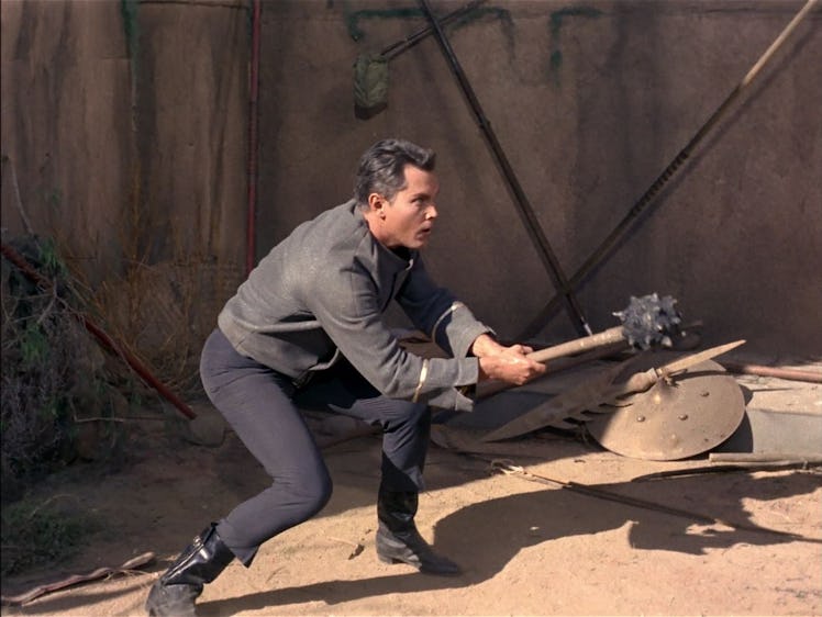 Captain Pike (Jeffrey Hunter) relives the fight on Rigel VII in “The Cage.”