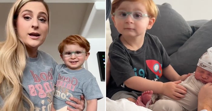 A photo of Meghan Trainor with her son, Riley beside another photo of Riley and Trainor's second son...